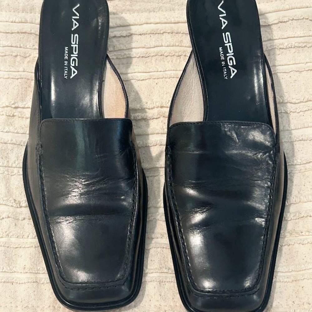 Via Spiga Black Leather Mule Heels Made in Italy Size 7 Slip On Sleek Minimalist - Picture 12 of 12